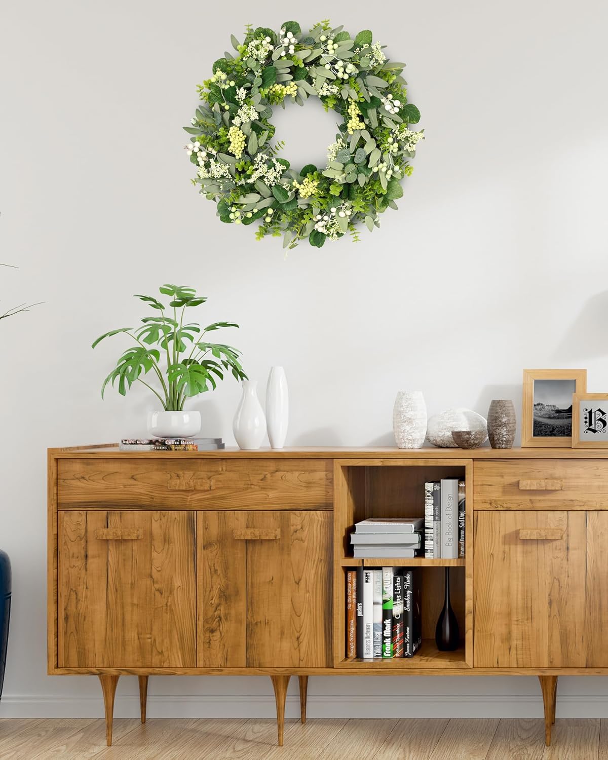 Green Eucalyptus Leaves Front Door Wreath, 24 Inch Artificial Spring Summer Greenery Wreath Front Door Decoration Boxwood with Big Berries Farmhouse Outdoor Year-Round - Indoor/Outdoor