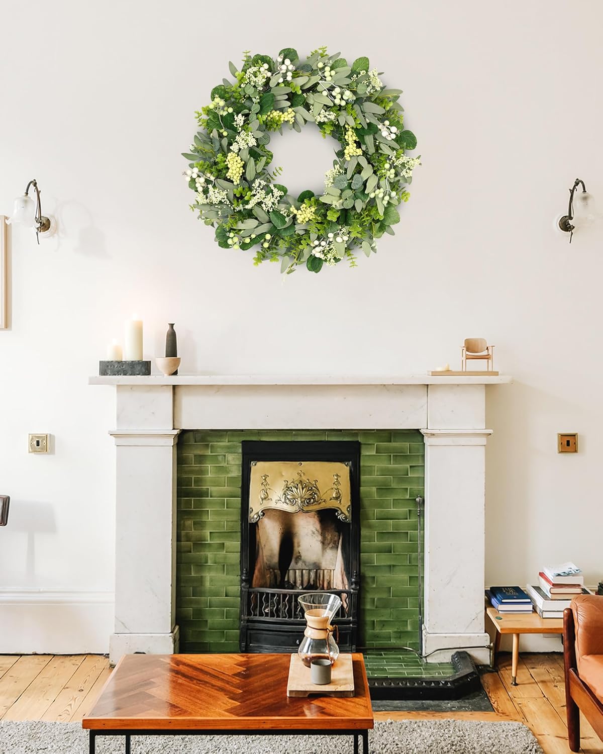 Green Eucalyptus Leaves Front Door Wreath, 24 Inch Artificial Spring Summer Greenery Wreath Front Door Decoration Boxwood with Big Berries Farmhouse Outdoor Year-Round - Indoor/Outdoor