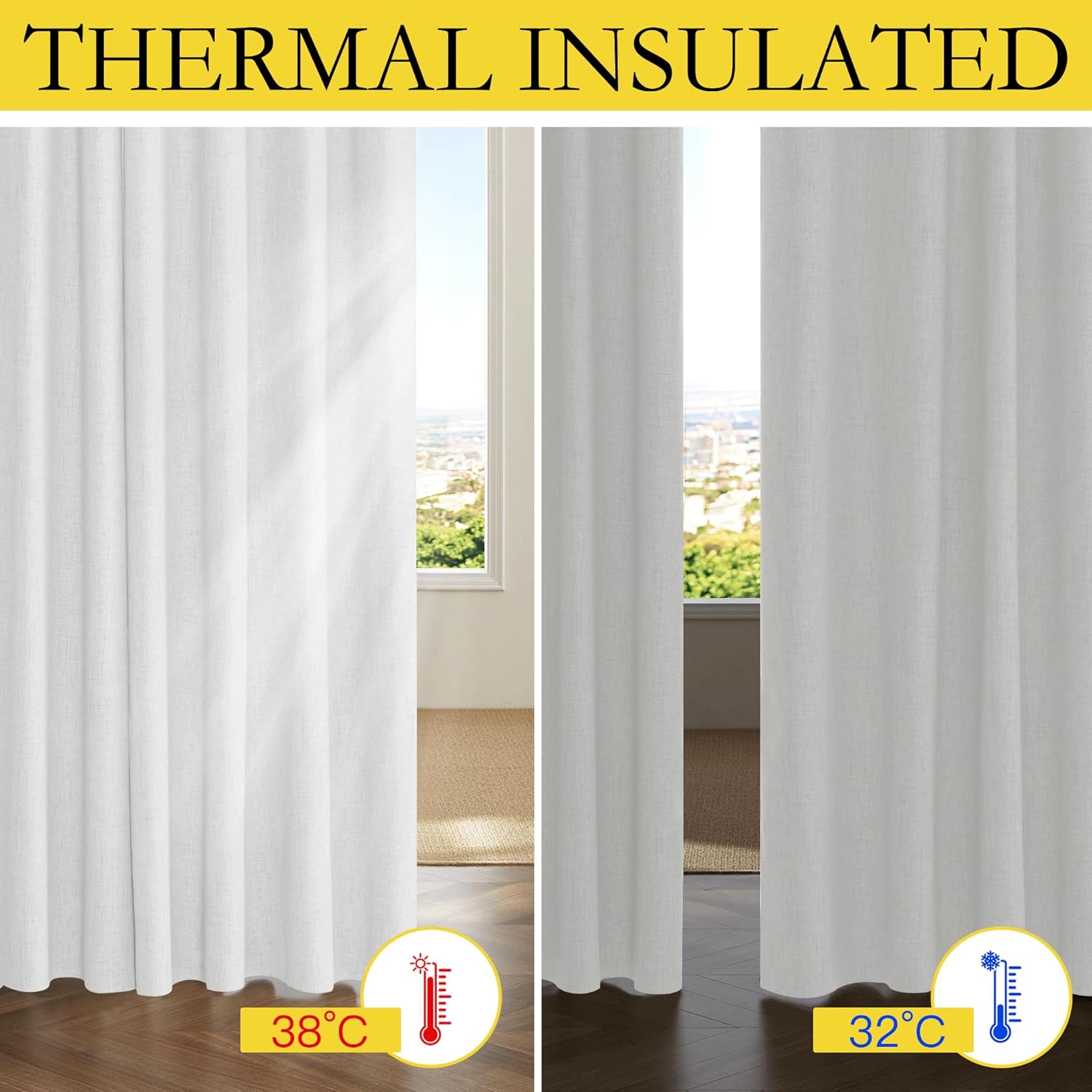 100% Absolutely Blackout Linen Curtains with Thermal Insulated White Liner,Greyish White,52" Wide,84" Length Energy Saving Curtains for Living Room 2 Panels Set,Vertical Blinds
