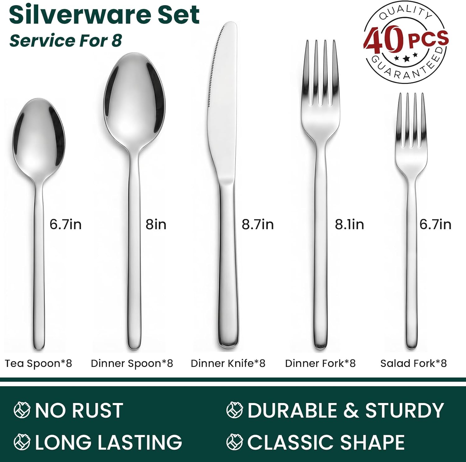 Premium 40-Piece Silverware Set for 8, 18/10 Stainless Steel Flatware Cutlery Set with Forks, Knives, Spoons, Durable and Elegant Design Utensils Tableware - Heavy Duty, Dishwasher Safe