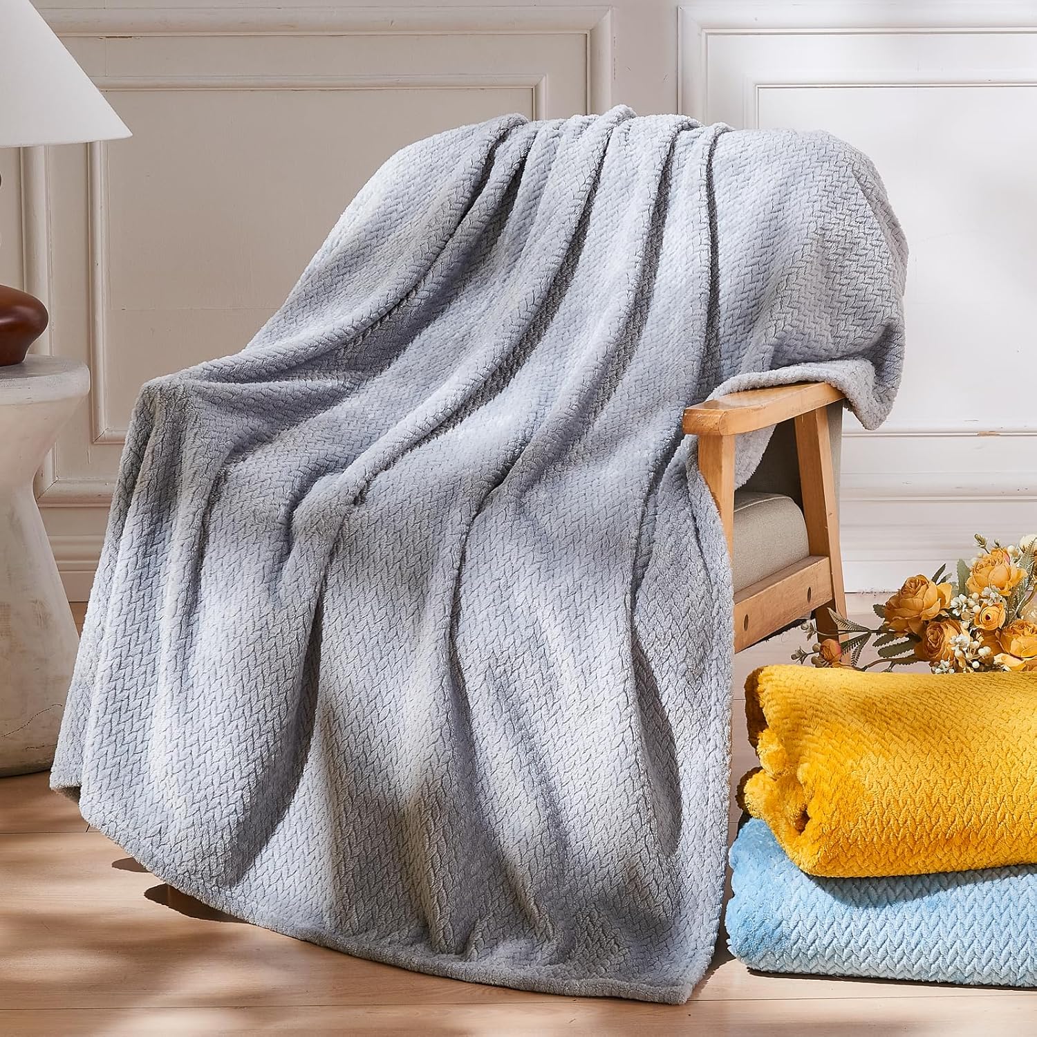 Super Soft Throw Size Blanket Grey Premium Silky Flannel Fleece Leaves Pattern Lightweight Bed Blanket All Season Use Grey, Throw 50"x60"