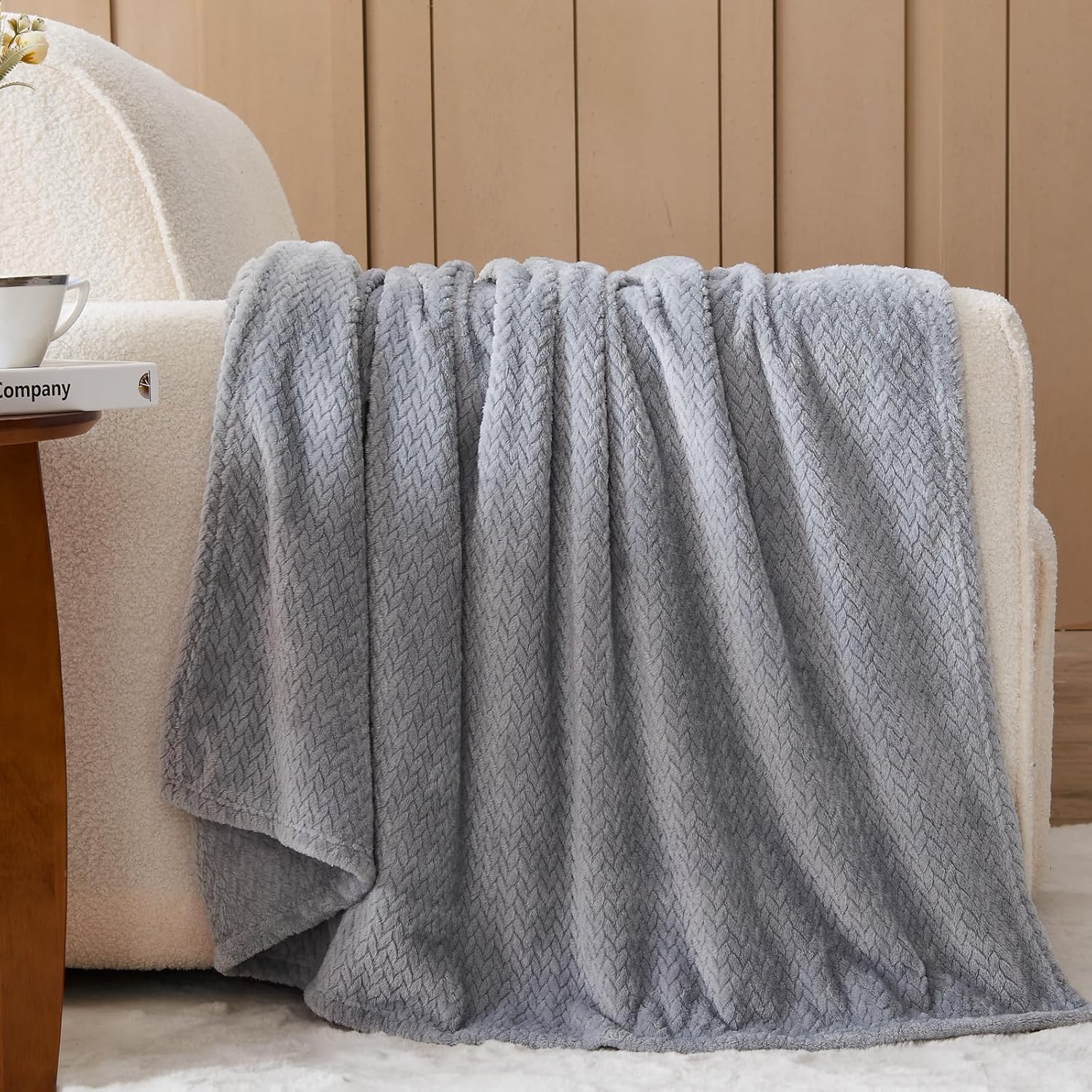 Super Soft Throw Size Blanket Grey Premium Silky Flannel Fleece Leaves Pattern Lightweight Bed Blanket All Season Use Grey, Throw 50"x60"
