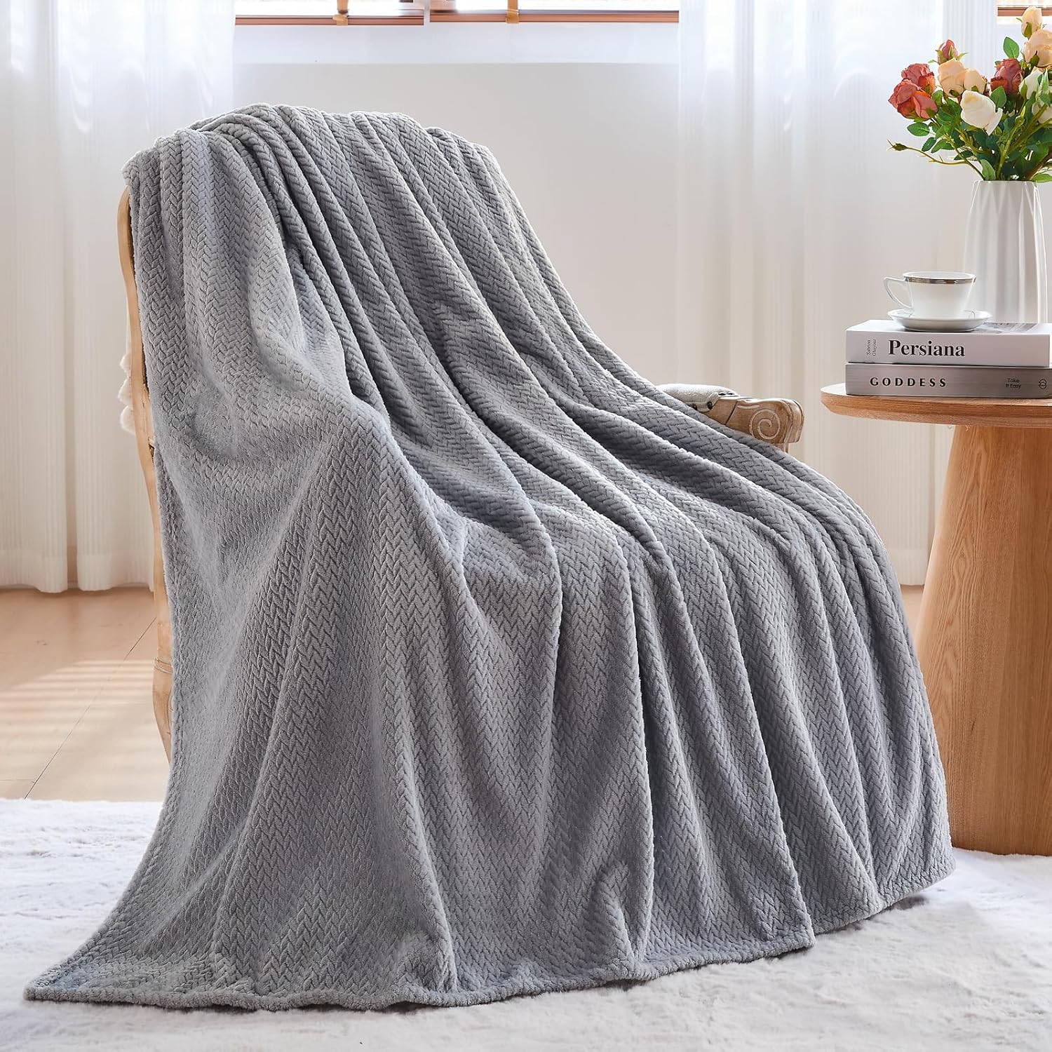 Super Soft Throw Size Blanket Grey Premium Silky Flannel Fleece Leaves Pattern Lightweight Bed Blanket All Season Use Grey, Throw 50"x60"