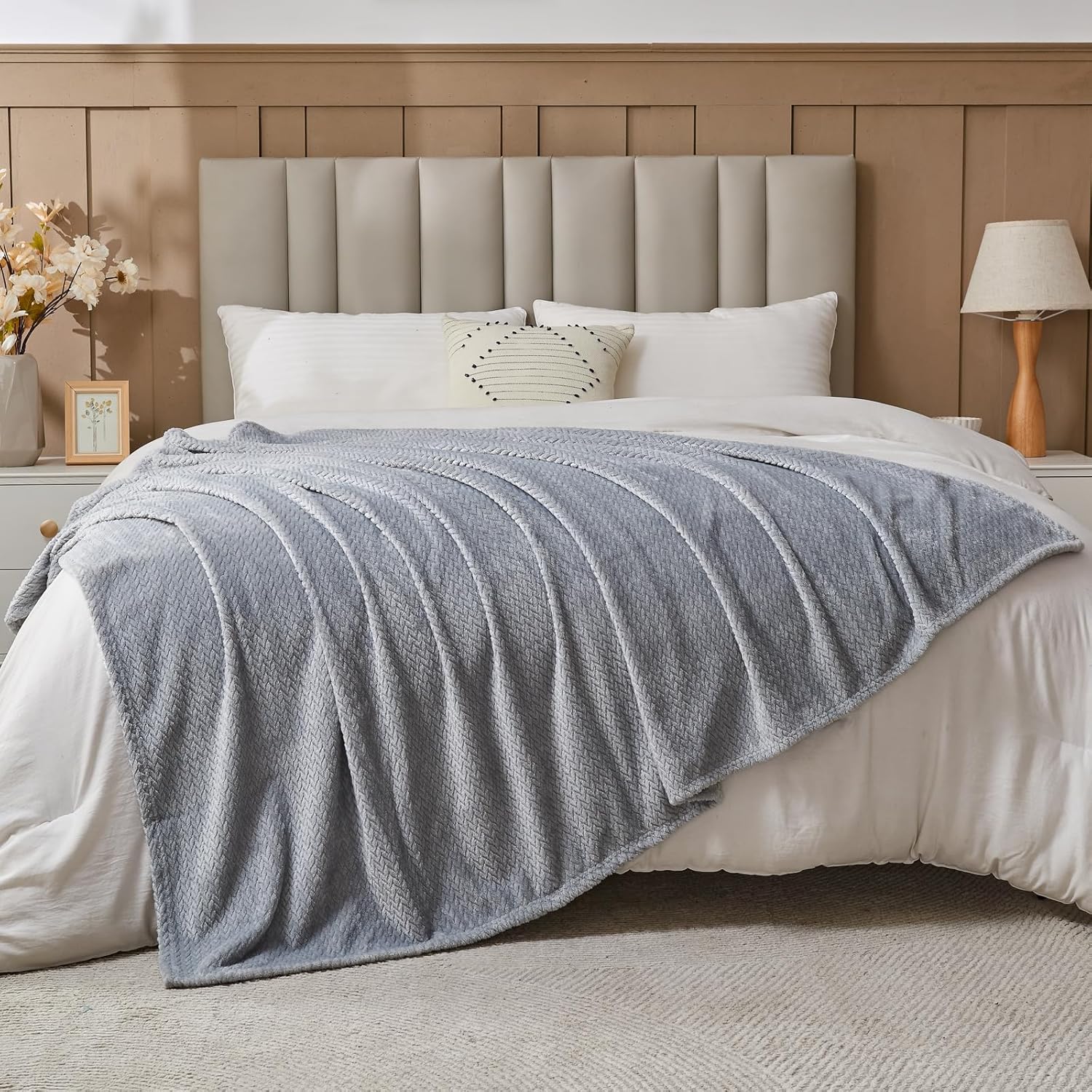 Super Soft Throw Size Blanket Grey Premium Silky Flannel Fleece Leaves Pattern Lightweight Bed Blanket All Season Use Grey, Throw 50"x60"