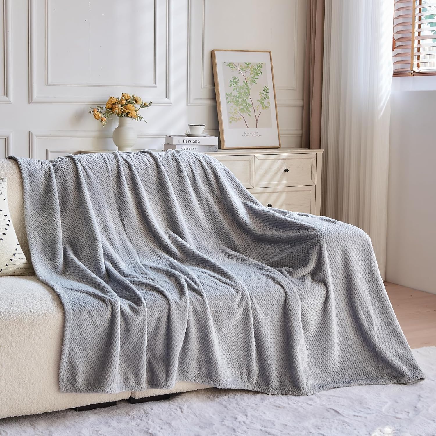 Super Soft Throw Size Blanket Grey Premium Silky Flannel Fleece Leaves Pattern Lightweight Bed Blanket All Season Use Grey, Throw 50"x60"