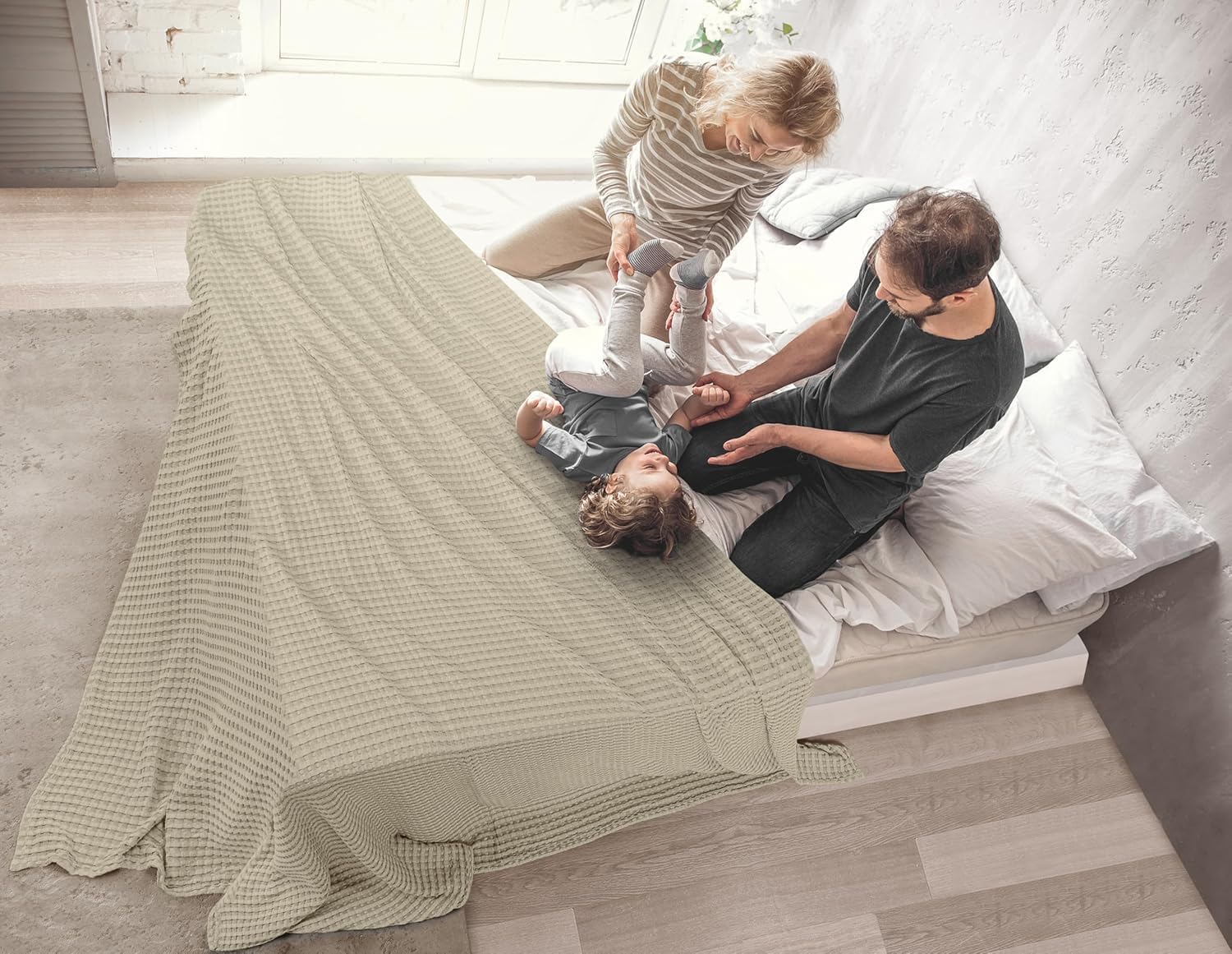 100% Cotton Khaki Waffle Blanket Big Size - 120x120 Inch Soft Lightweight Cozy Breathable Bed Blanket for All Seasons