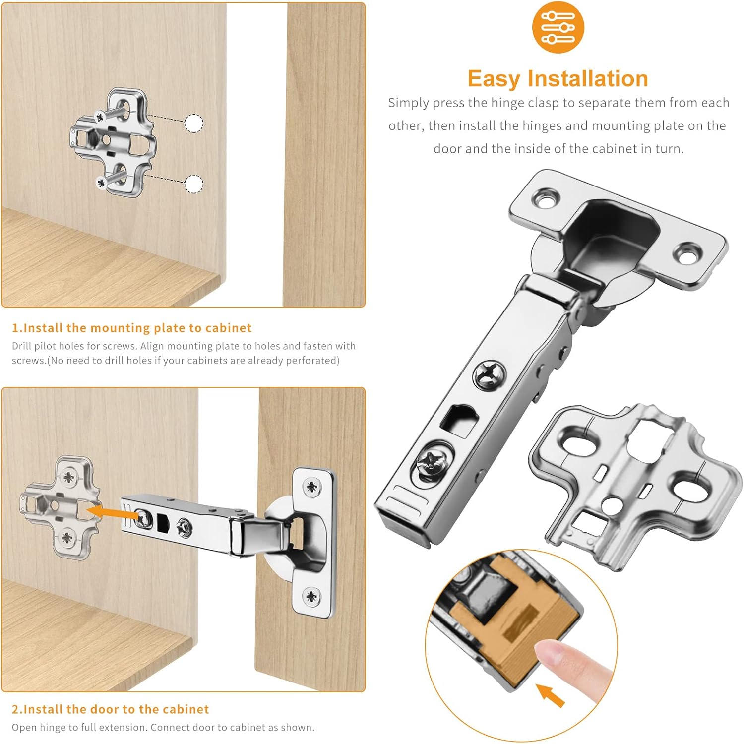 10 PCS Full Overlay Soft Close Hinges, CLIP ON Plate for Easy Installation, 105 Degree, Silent Hydraulic, Frameless European Concealed Hinges for Kitchen Cabinet Door, Wardrobes, and Bookcases