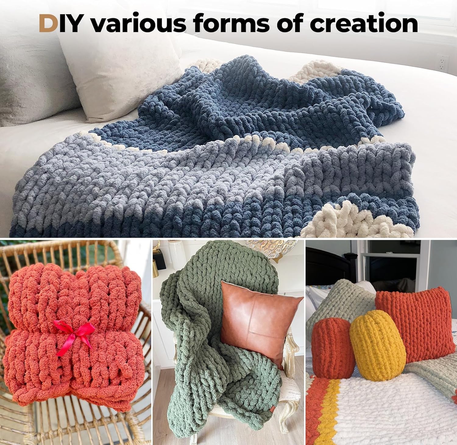 Chunky Yarn for Hand Knitting Soft Jumbo Bulky Fluffy Yarn for Crocheting Blanket Scarf DIY 8 Pack Cream, 28yds, 8 Ounces Each