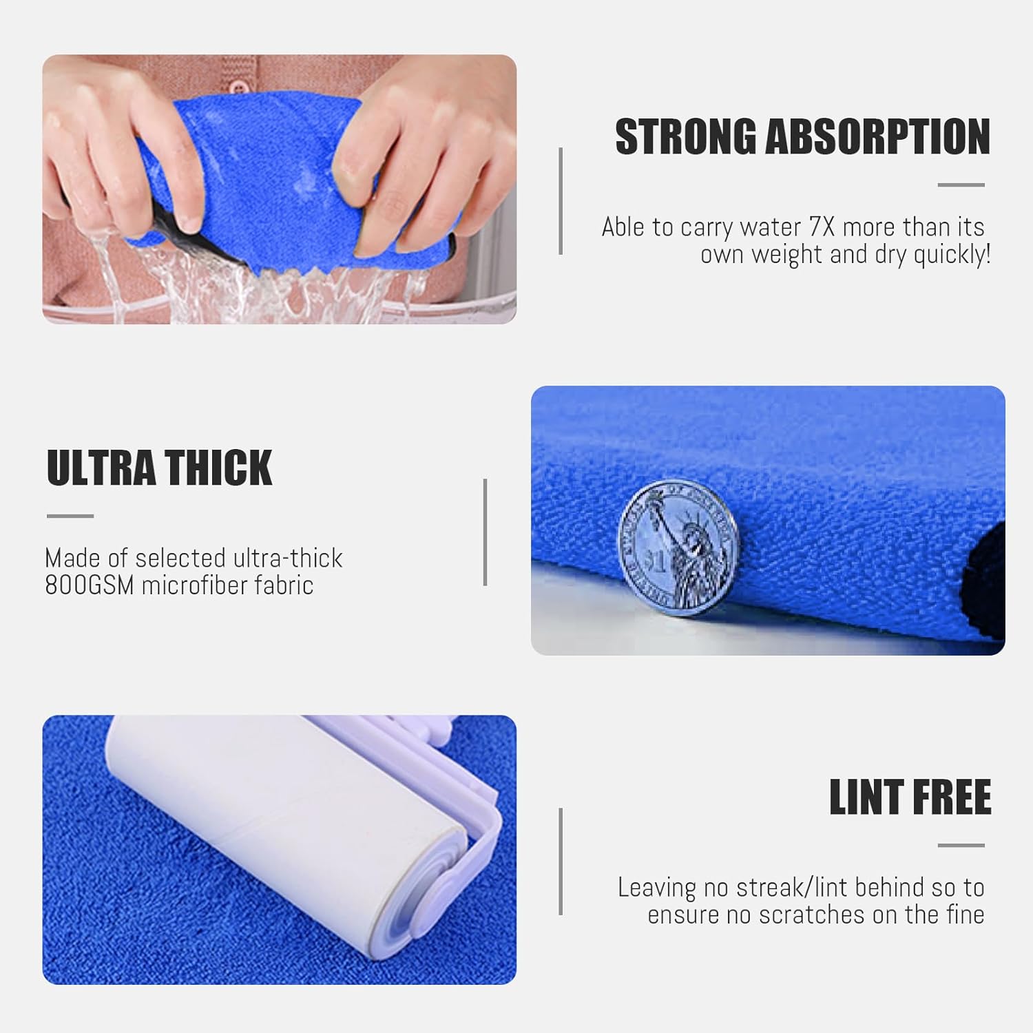 Microfiber Car Drying Towels 800GSM Thick Plush Cleaning Cloths Auto Detailing Quick Dry Wash Cloth for Interior & Exterior Lint Free, Streak Free, 40 x 40 cm, 4 Pack