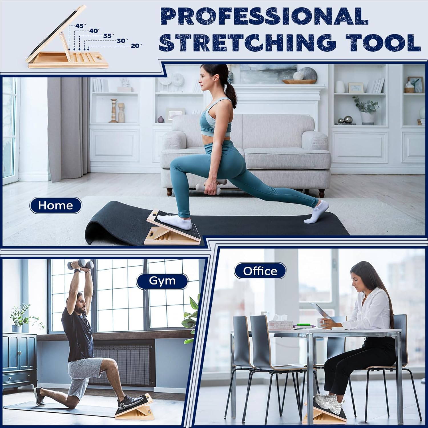 Portable Wooden Slant Board for Calf Stretching Squats Calf Stretcher Pilates Physical Therapy Equipment Adjustable Incline Board for Knees Ankle Heel Feet Leg