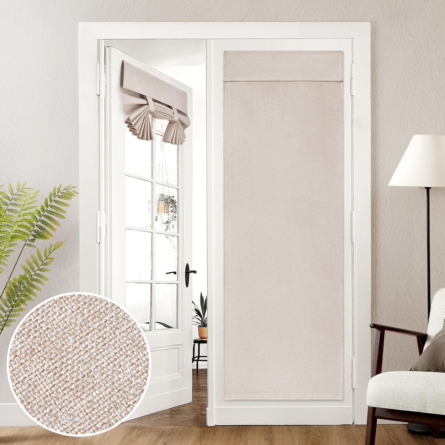 100% Natural Linen Blackout French Door Curtains, Privacy Door Window Curtains, 26 X 72 Inch Room Darkening Blinds, Thermal Insulated Shades for Bedroom, 1 Panel