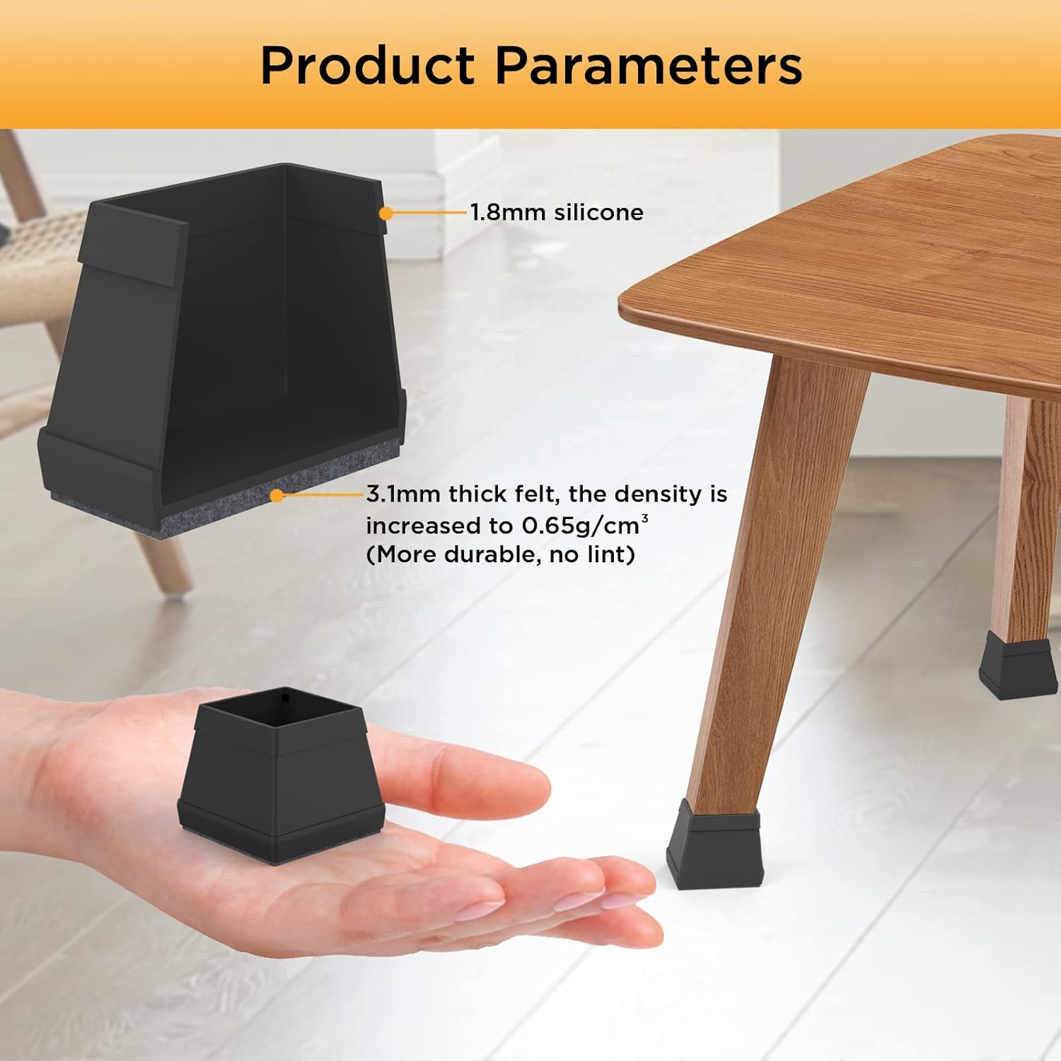 16 PCS Square Silicone Chair Leg Floor Protector, Chair Leg Cover, Furniture Leg Protector, Mobile Table and Chair Leg Cover, Protect The Floor from Scratches,1.5",Black.