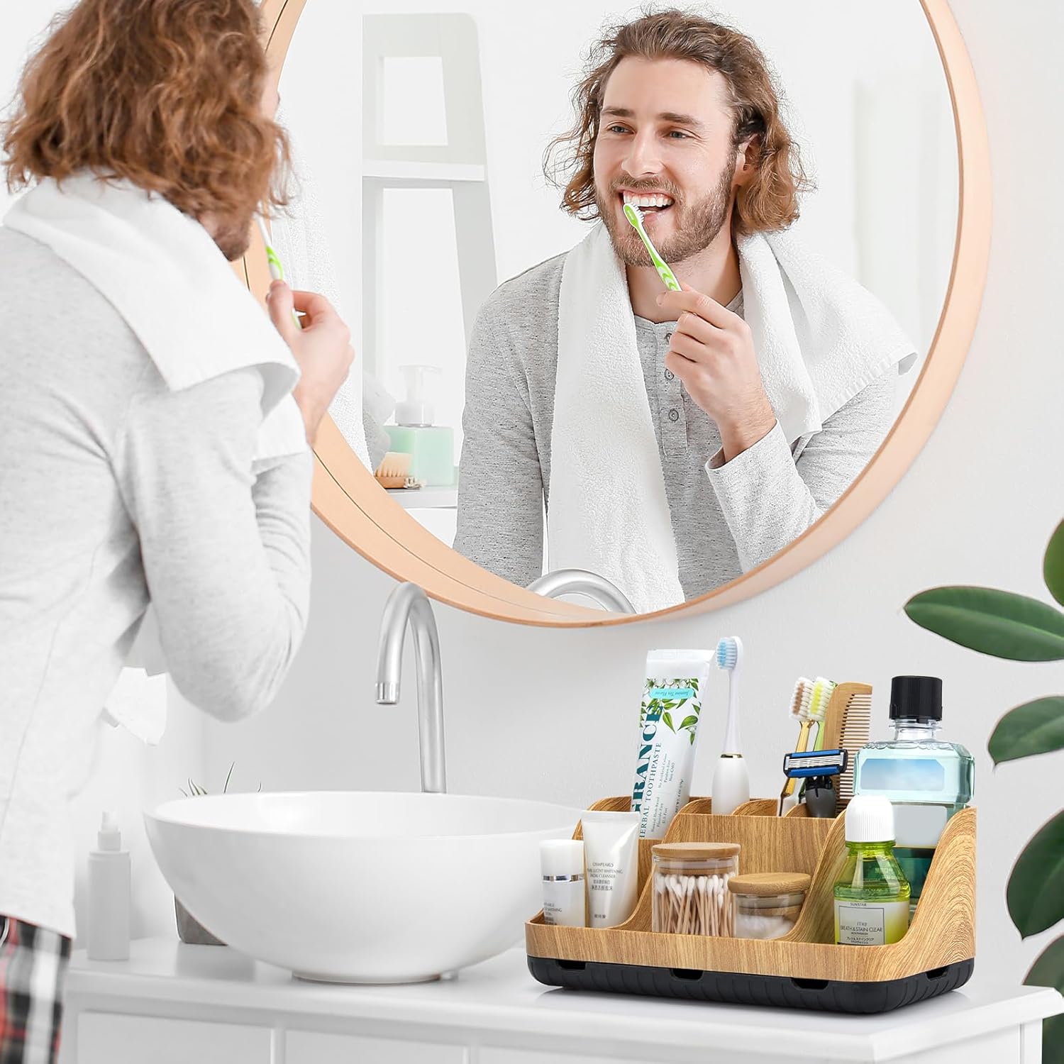 Bathroom Organizers Countertop - Detachable 7 Slots Kids Electric Toothbrush and Toothpaste Holde Drainage for Bathroom Accessories Organization Counter Vanity Sink Storage, Wood
