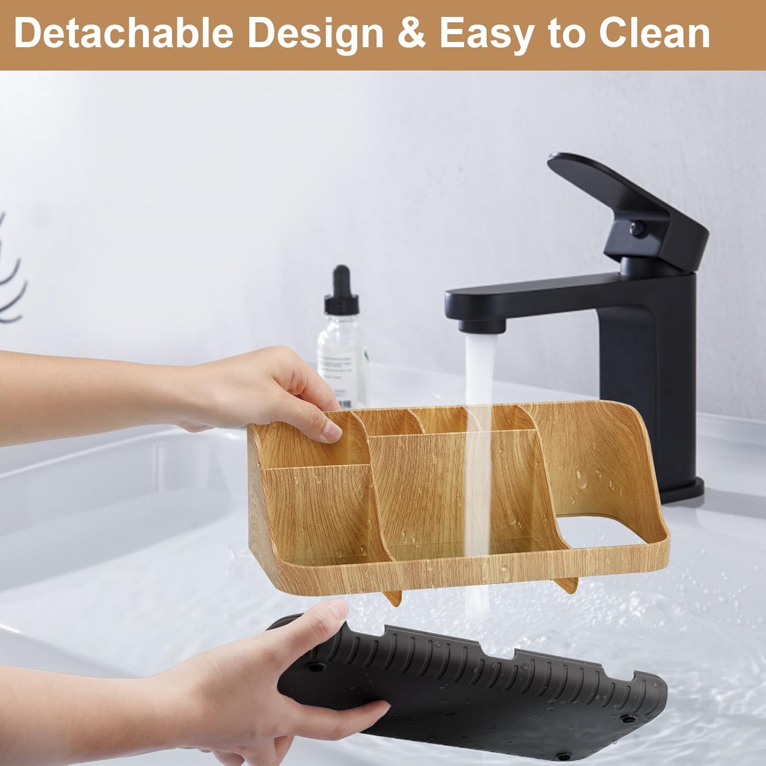 Bathroom Organizers Countertop - Detachable 7 Slots Kids Electric Toothbrush and Toothpaste Holde Drainage for Bathroom Accessories Organization Counter Vanity Sink Storage, Wood