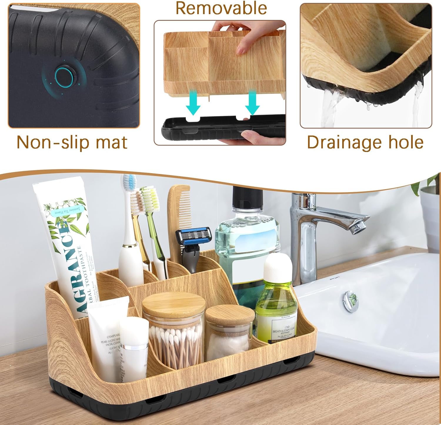 Bathroom Organizers Countertop - Detachable 7 Slots Kids Electric Toothbrush and Toothpaste Holde Drainage for Bathroom Accessories Organization Counter Vanity Sink Storage, Wood
