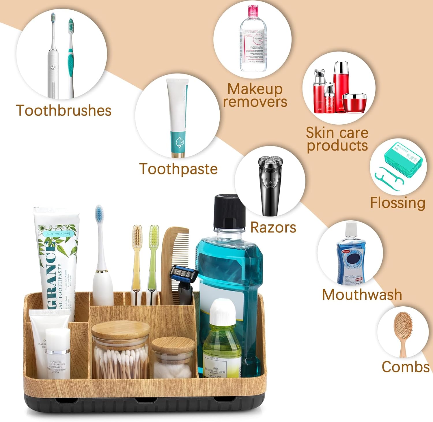 Bathroom Organizers Countertop - Detachable 7 Slots Kids Electric Toothbrush and Toothpaste Holde Drainage for Bathroom Accessories Organization Counter Vanity Sink Storage, Wood