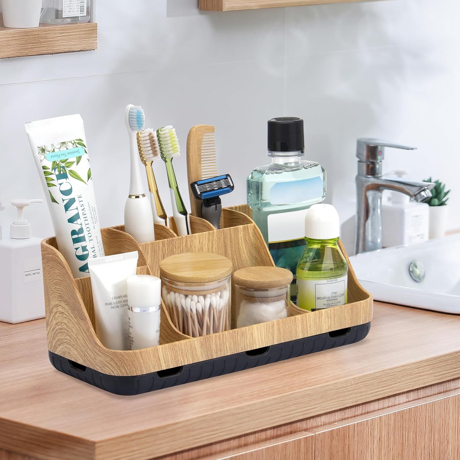 Bathroom Organizers Countertop - Detachable 7 Slots Kids Electric Toothbrush and Toothpaste Holde Drainage for Bathroom Accessories Organization Counter Vanity Sink Storage, Wood
