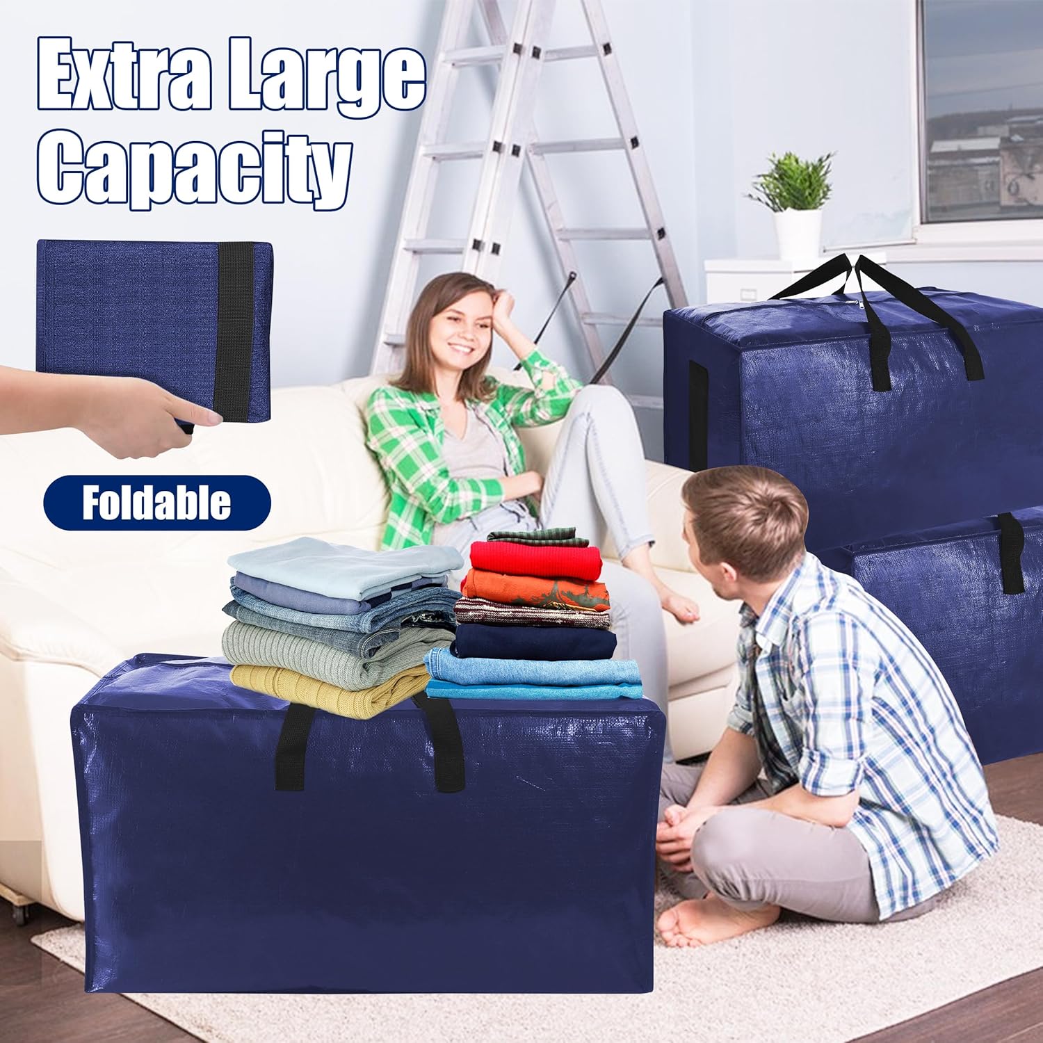 6 Pack Extra Large Moving Bags with Strong Zippers & Carrying Handles, Heavy Duty Storage Tote for Space Saving Moving Storage, Fold Flat, Alternative to Moving Box Navy Blue