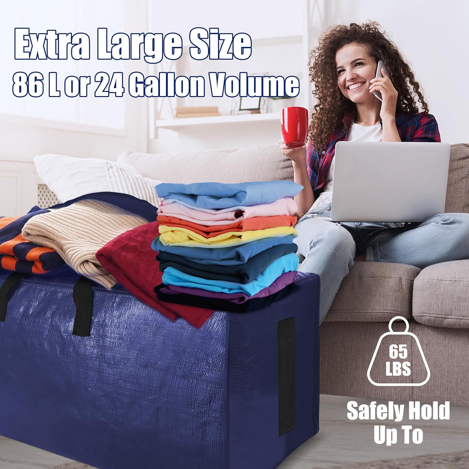 6 Pack Extra Large Moving Bags with Strong Zippers & Carrying Handles, Heavy Duty Storage Tote for Space Saving Moving Storage, Fold Flat, Alternative to Moving Box Navy Blue