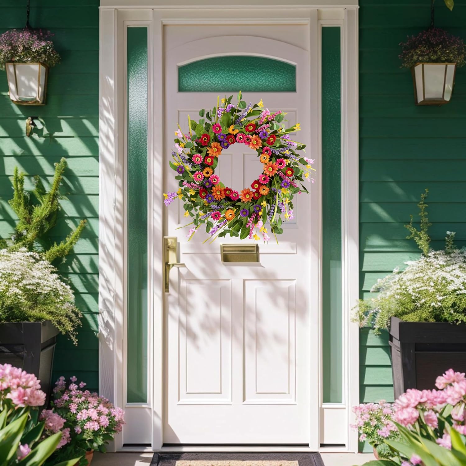 Artificial Spring Wreath 22 Inch Summer Wreaths for Front Door with Green Eucalyptus Leaves Pink Daisy Lavender Spring Door Wreath for Farmhouse Wall Wedding Home Porch Easter