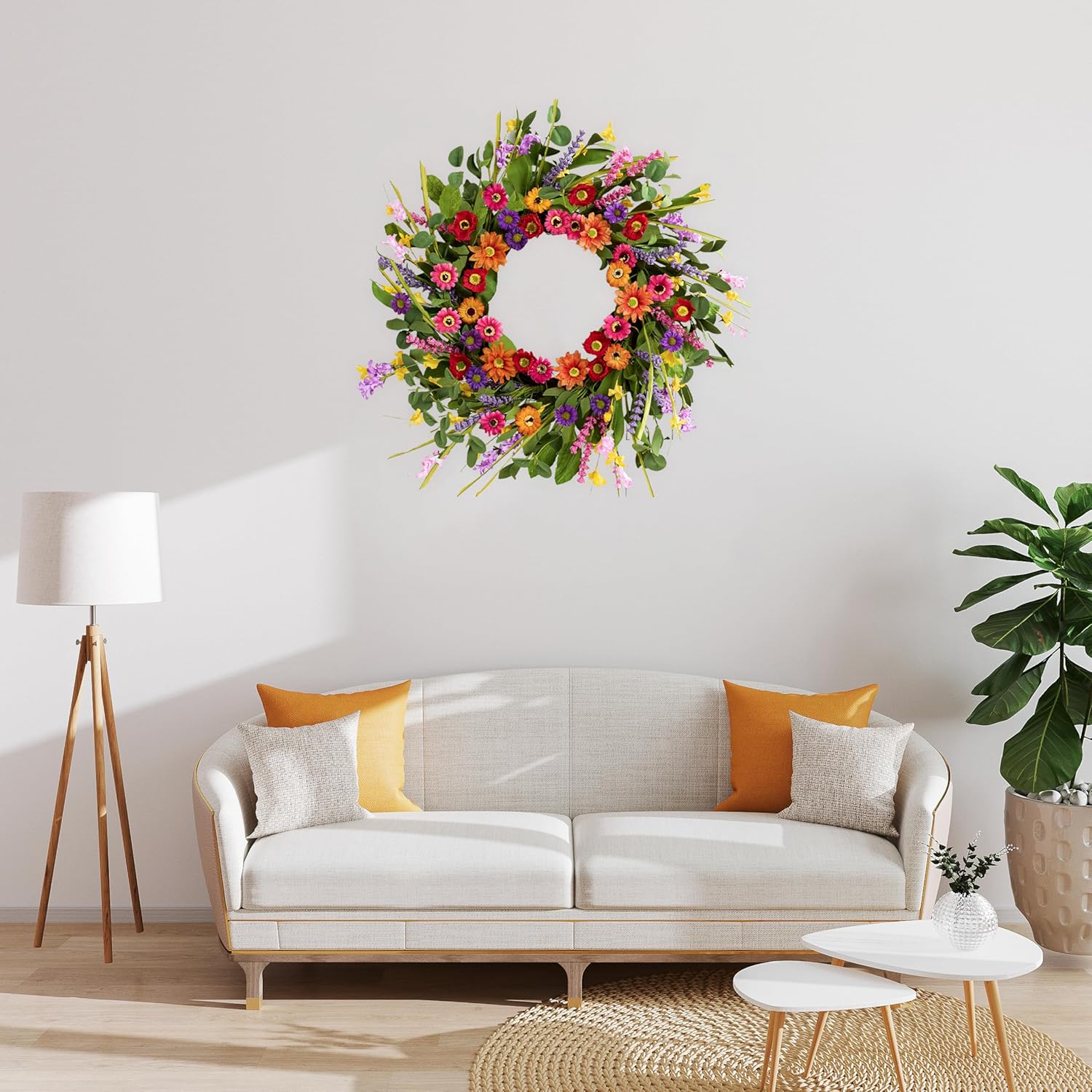Artificial Spring Wreath 22 Inch Summer Wreaths for Front Door with Green Eucalyptus Leaves Pink Daisy Lavender Spring Door Wreath for Farmhouse Wall Wedding Home Porch Easter