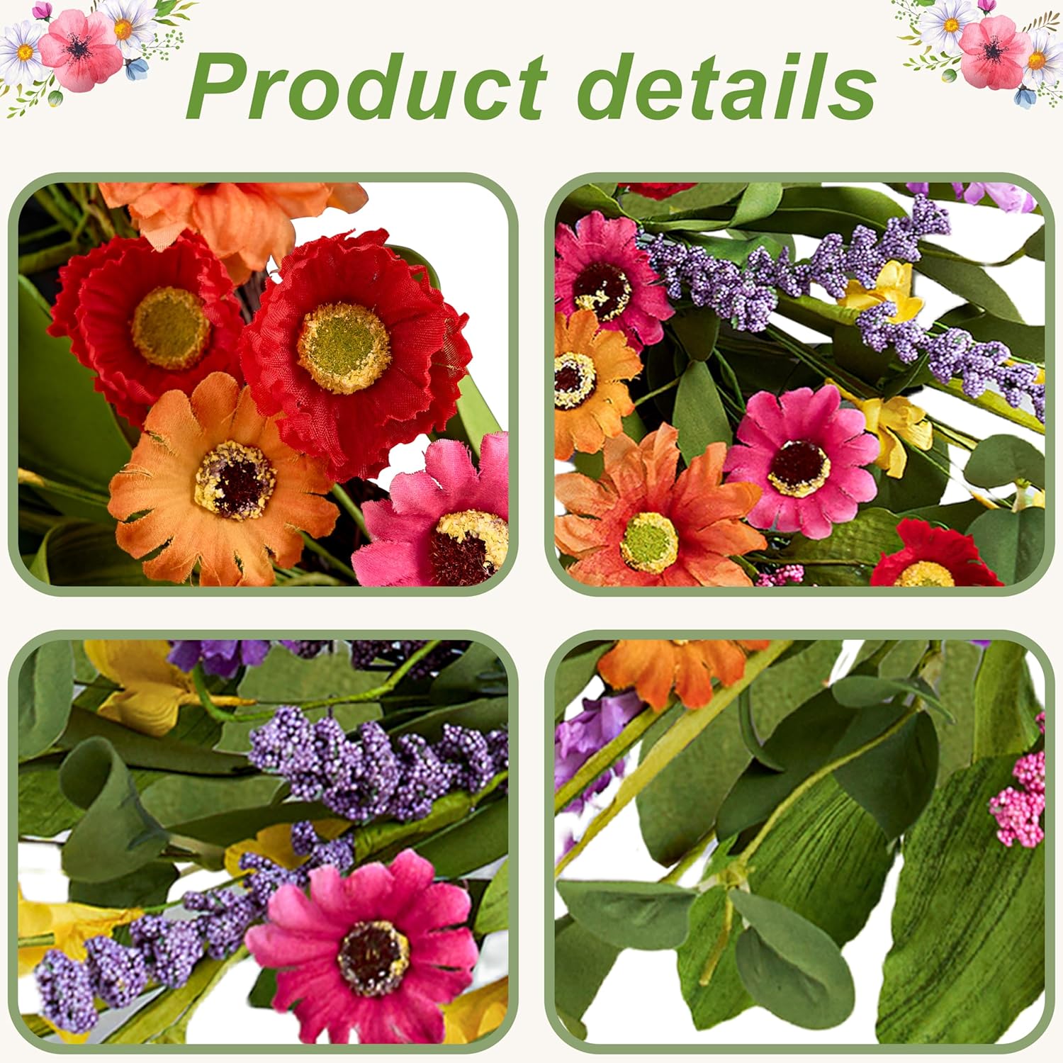 Artificial Spring Wreath 22 Inch Summer Wreaths for Front Door with Green Eucalyptus Leaves Pink Daisy Lavender Spring Door Wreath for Farmhouse Wall Wedding Home Porch Easter