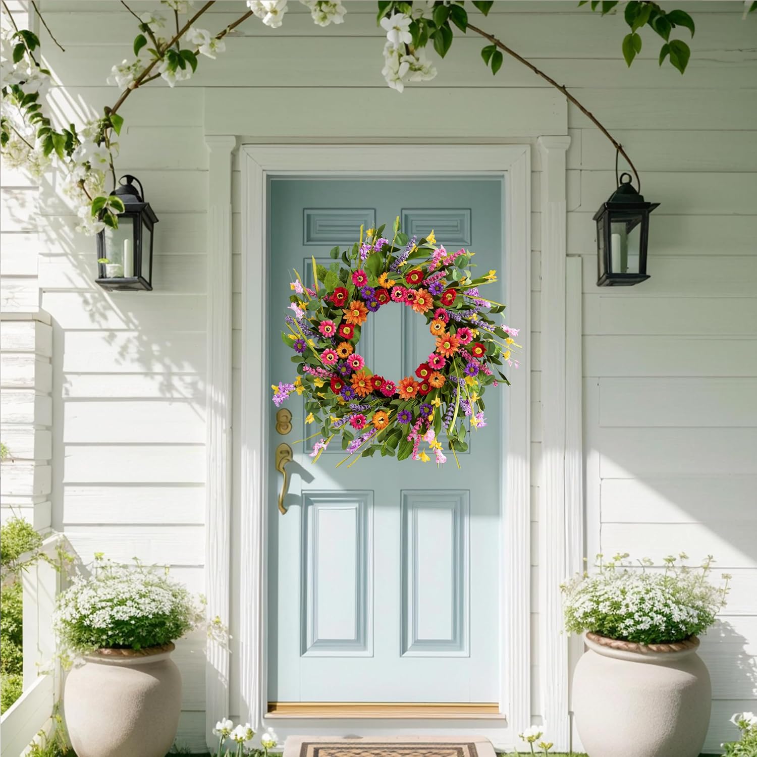 Artificial Spring Wreath 22 Inch Summer Wreaths for Front Door with Green Eucalyptus Leaves Pink Daisy Lavender Spring Door Wreath for Farmhouse Wall Wedding Home Porch Easter