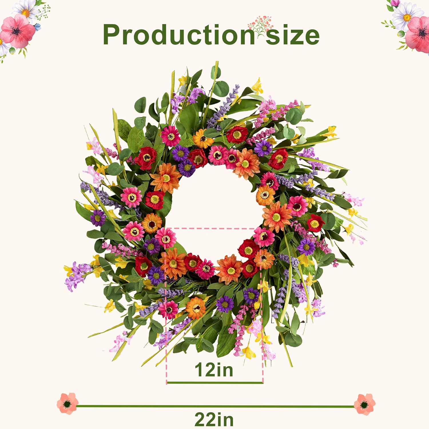 Artificial Spring Wreath 22 Inch Summer Wreaths for Front Door with Green Eucalyptus Leaves Pink Daisy Lavender Spring Door Wreath for Farmhouse Wall Wedding Home Porch Easter