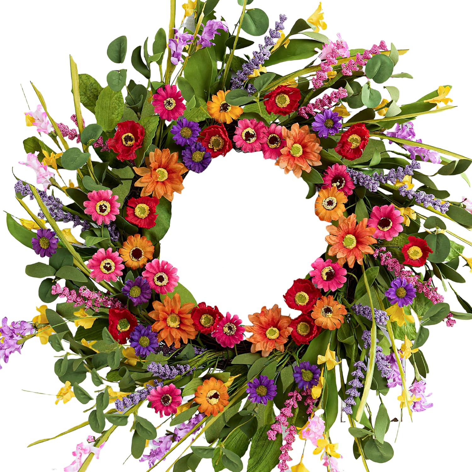 Artificial Spring Wreath 22 Inch Summer Wreaths for Front Door with Green Eucalyptus Leaves Pink Daisy Lavender Spring Door Wreath for Farmhouse Wall Wedding Home Porch Easter