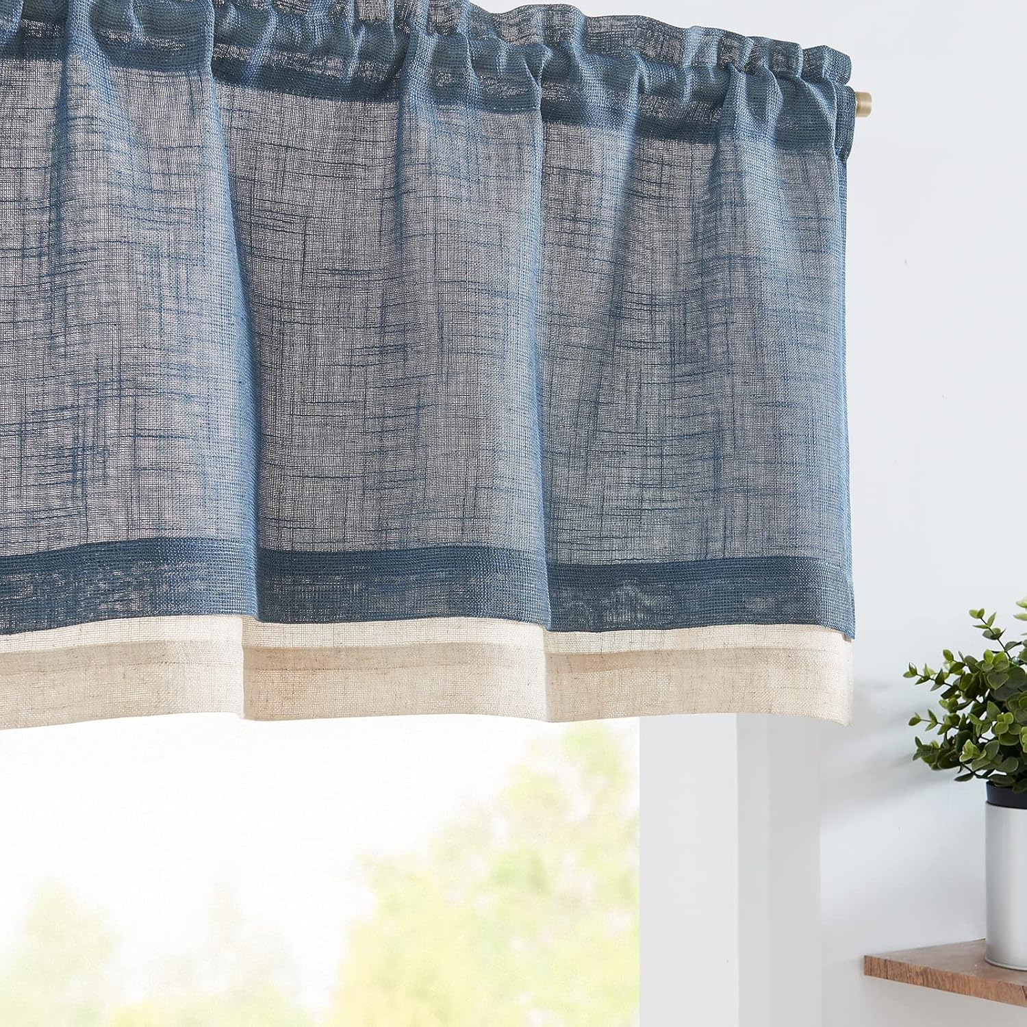 Linen Valance for Farmhouse Living Room Windows 16 Inch Slubbed Crossed Double Layer Window Valance Light Filtering Rustic Country Overlay Rod Pocket 1 Panel Navy Blue