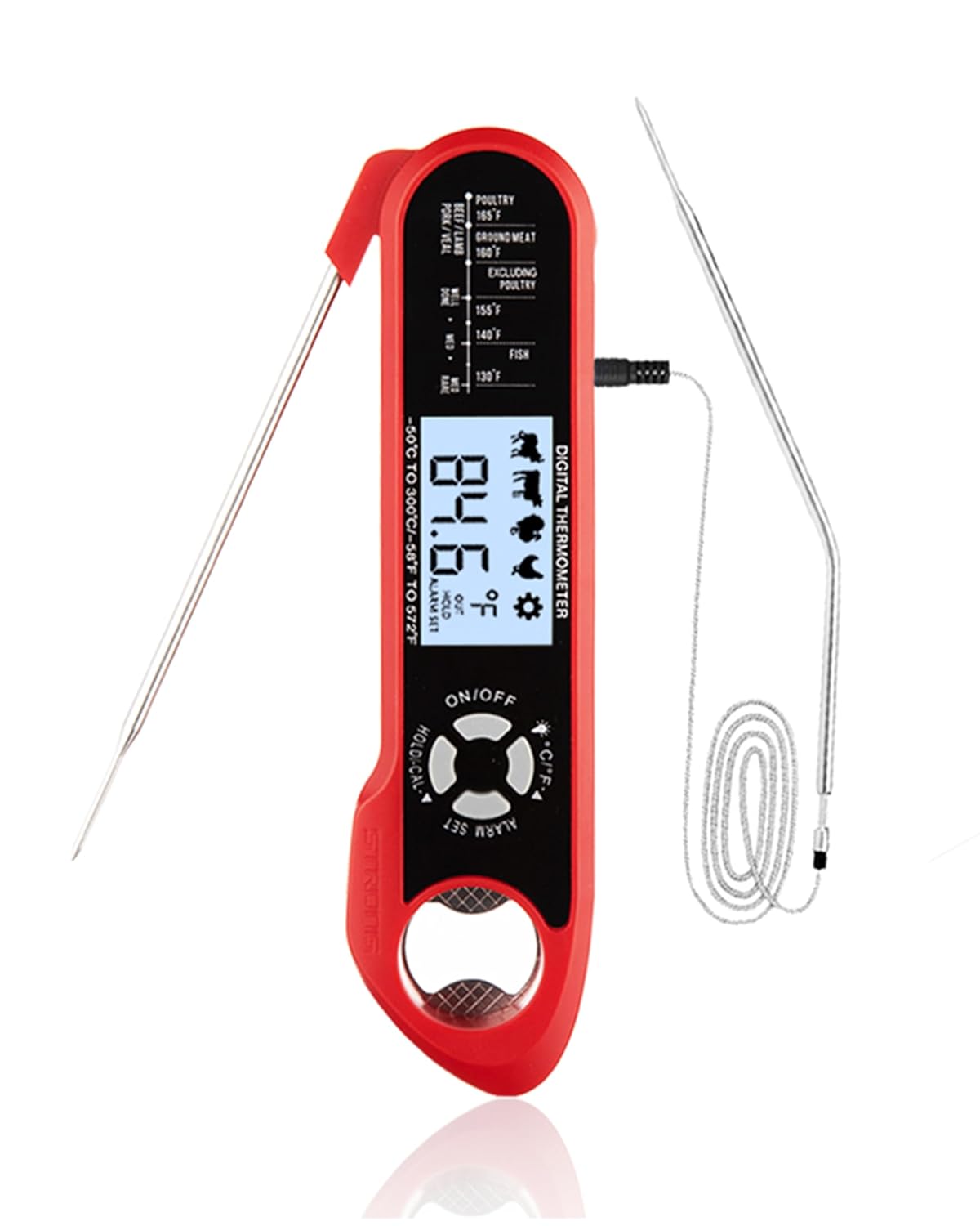 Meat Thermometer, Instant Read Digital Thermometer-Waterproof/Backlight, 43in Extended Probe and Folding Probe, Oven-Safe Design, Kitchen Food Thermometer for Deep Fry, Grilling, BBQ