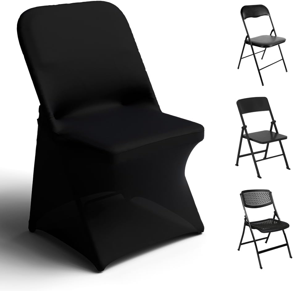 Spandex Folding Chair Covers 100 Pcs Universal Fitted Stretchy Dining Chair Slipcovers for Wedding Party Banquet Flat-Front Chair Cover Black