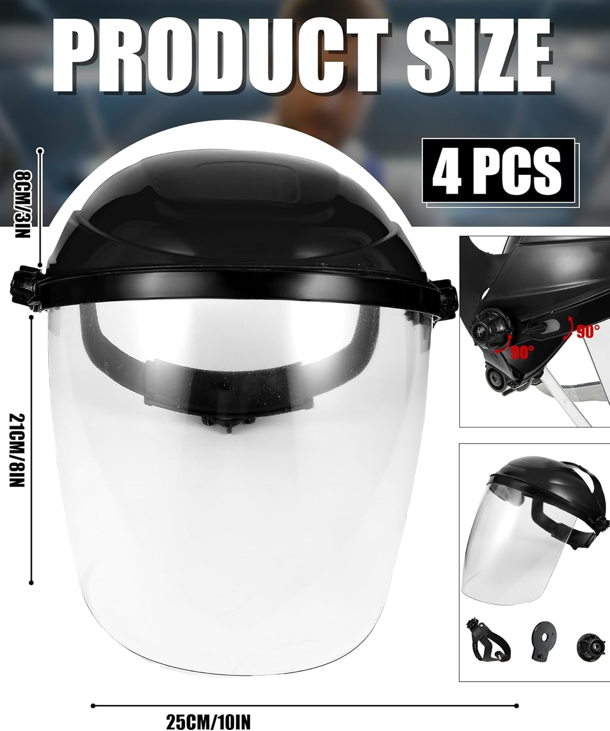 4 Pcs Clear Safety Face Shield for Grinding & Cutting, Lightweight Full Impact Resistant with Adjustable Ratcheting Headgear Face Shield Mask for Work Chemical Woodworking Industrial, Black