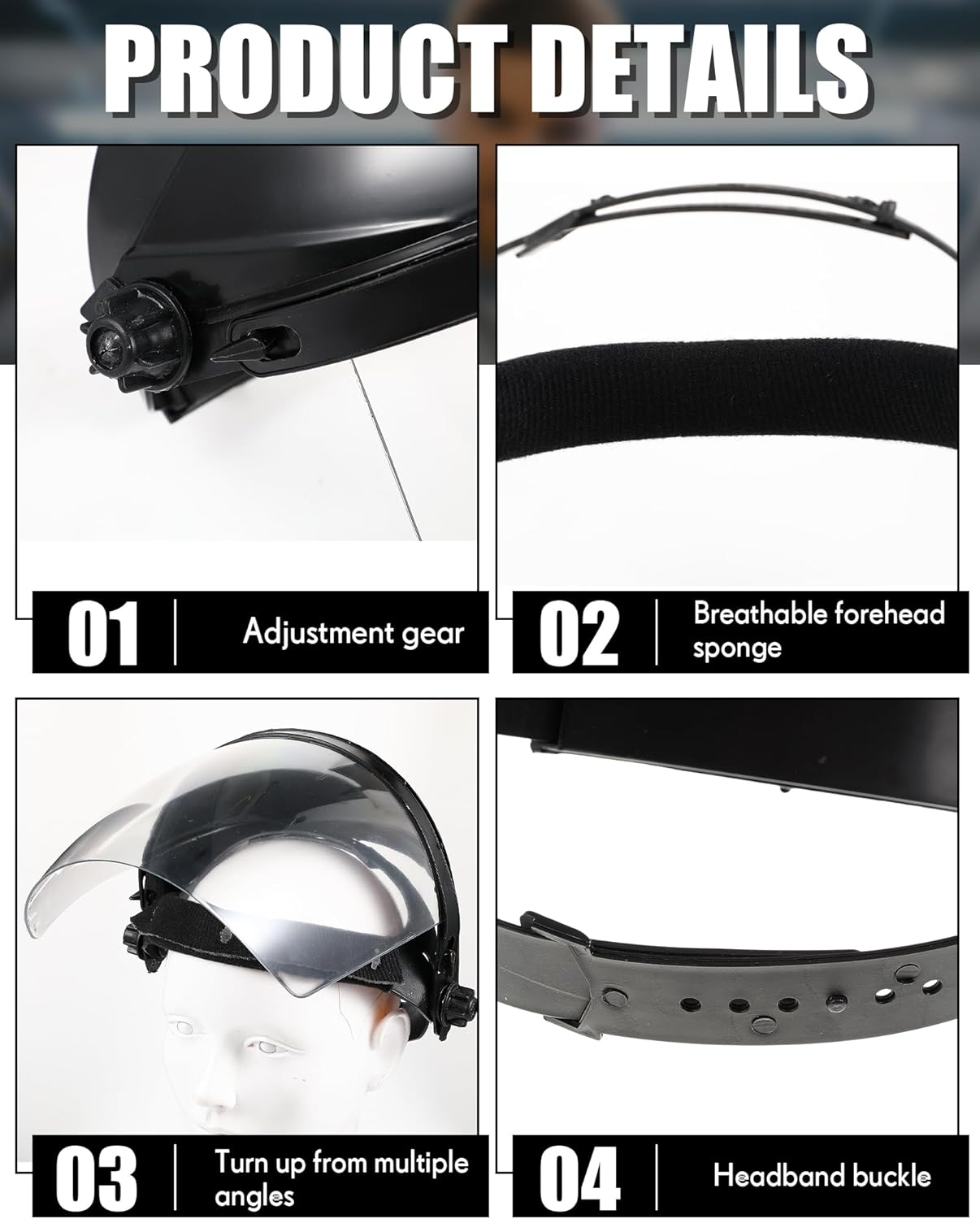 4 Pcs Clear Safety Face Shield for Grinding & Cutting, Lightweight Full Impact Resistant with Adjustable Ratcheting Headgear Face Shield Mask for Work Chemical Woodworking Industrial, Black