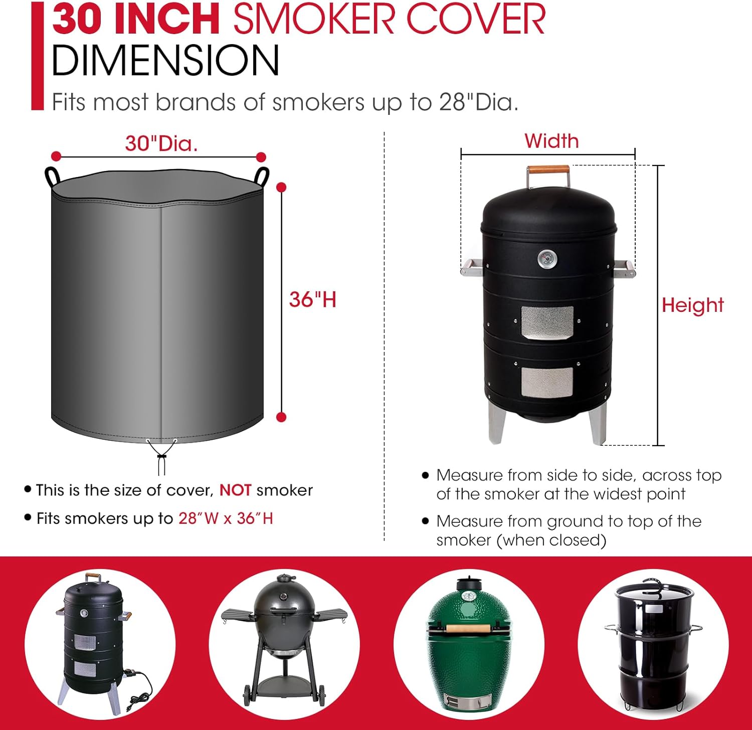 Round Smoker Cover 30 Inch, Heavy Duty Waterproof Charcoal Kettle BBQ Grill Cover, Fade Resistant Barrel Protector, Fits Weber Char-Griller Akorn Kamado and More, 30" Dia x 36" H