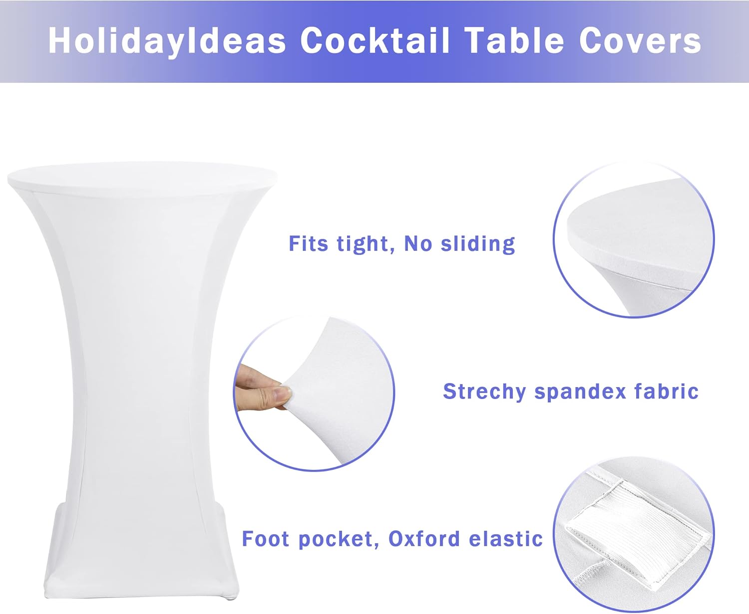 Cocktail Table Covers, 2 Pack - Fitted Stretch Spandex High Top Cocktail Tablecloths with Elastic Corners White, Fit for 30"-32" Diameter x 43" Height Tables