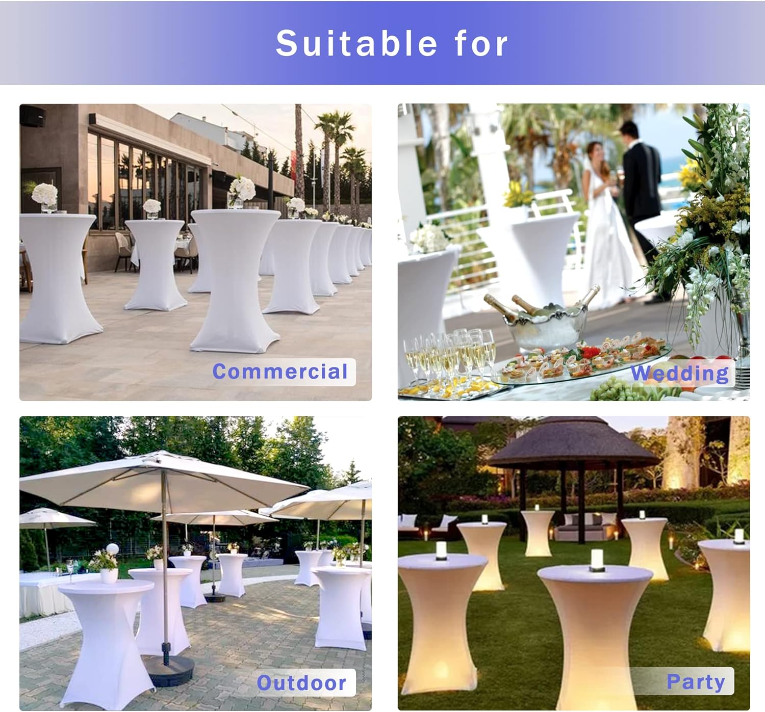 Cocktail Table Covers, 2 Pack - Fitted Stretch Spandex High Top Cocktail Tablecloths with Elastic Corners White, Fit for 30"-32" Diameter x 43" Height Tables
