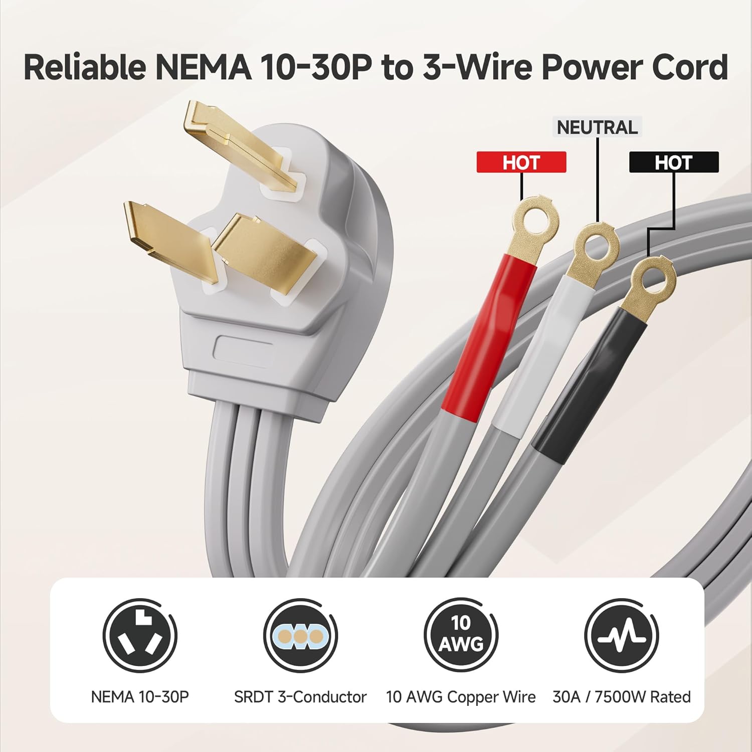 10 AWG 3 Prong Dryer Cord - 10ft, 30A / 7500W Rated, NEMA 10-30P to 3-Wire Appliance Cord, Dryer Plug 3 Prong, Gray