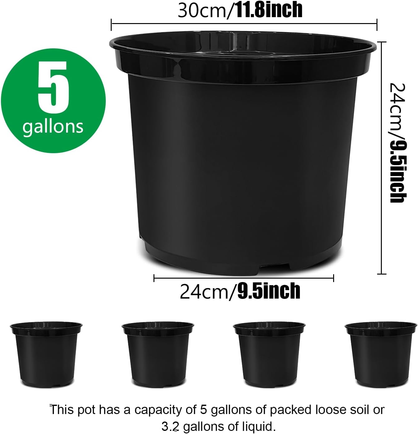 5 Gallon 12 Inch Plastic Nursery Pots, Plant Containers with Drainage Holes, Round Sturdy Garden Planters for Indoor/Outdoor Greenery, Gardening Gifts for Women 5-Pack, Black