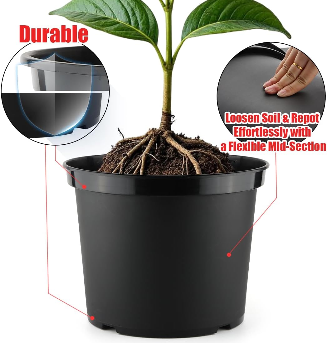 5 Gallon 12 Inch Plastic Nursery Pots, Plant Containers with Drainage Holes, Round Sturdy Garden Planters for Indoor/Outdoor Greenery, Gardening Gifts for Women 5-Pack, Black