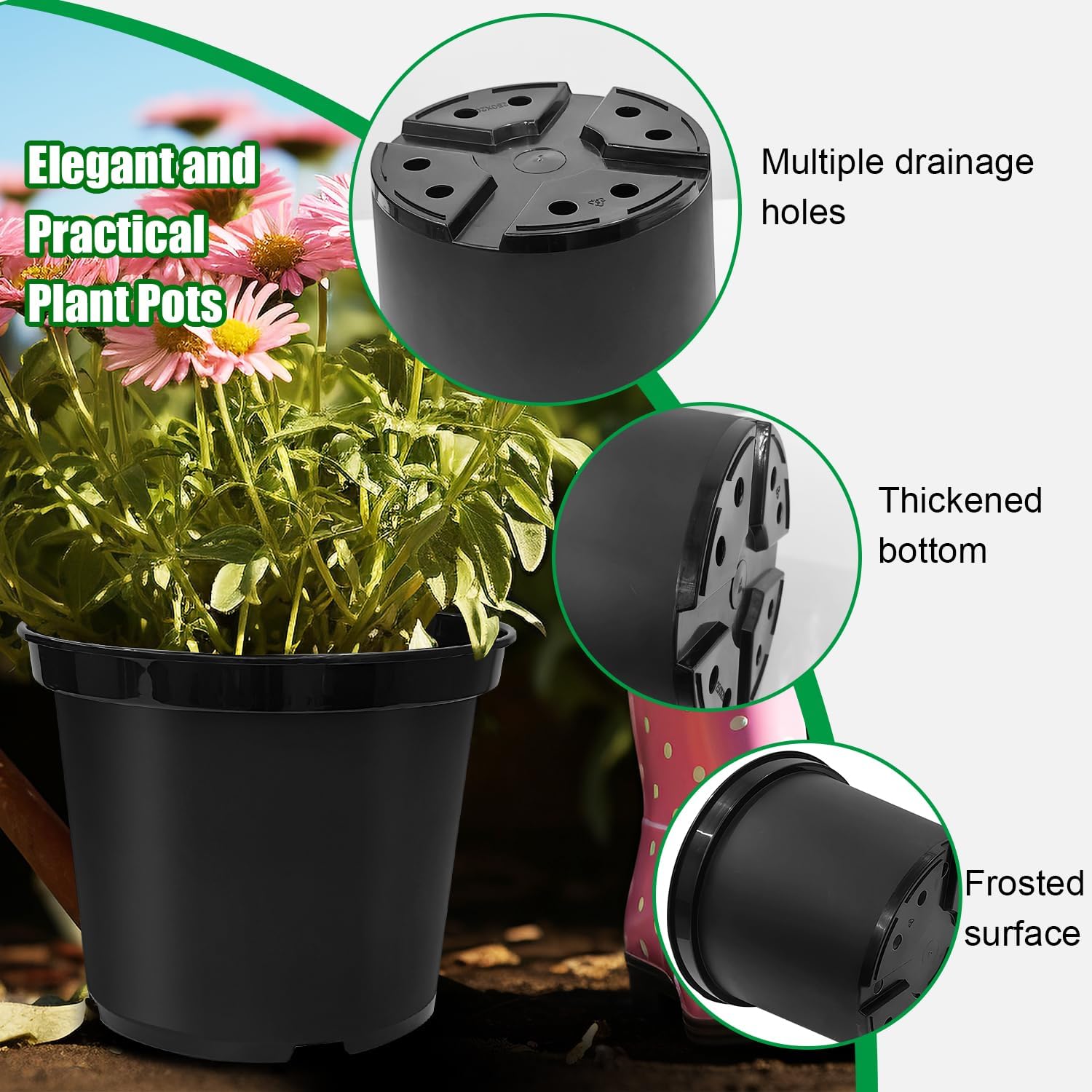 5 Gallon 12 Inch Plastic Nursery Pots, Plant Containers with Drainage Holes, Round Sturdy Garden Planters for Indoor/Outdoor Greenery, Gardening Gifts for Women 5-Pack, Black