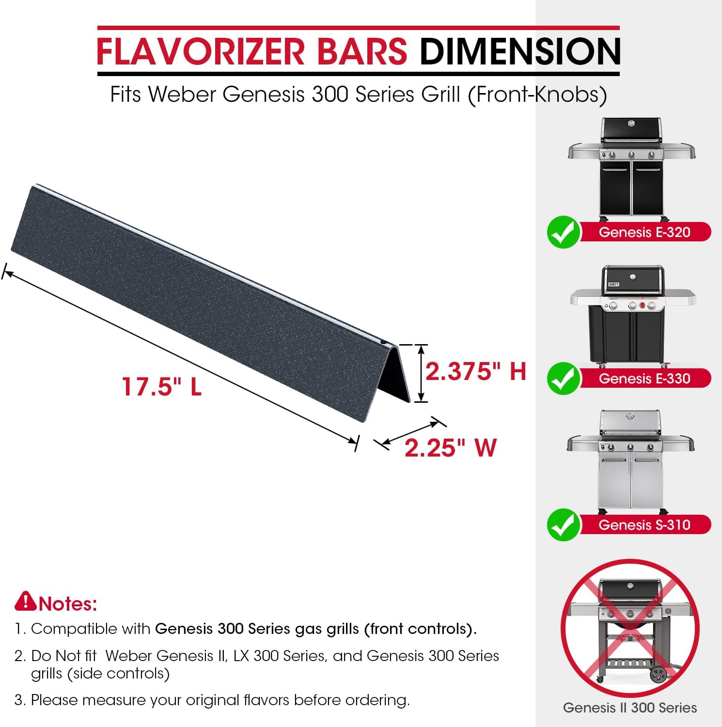 7620 Flavorizer Bars for Weber Genesis 300 Series, E-310 E-330 Grills with Front Control 2011-2016 , 17.5 Inch Porcelain Steel Flavor Bars, Grill Burner Cover Replacement Parts