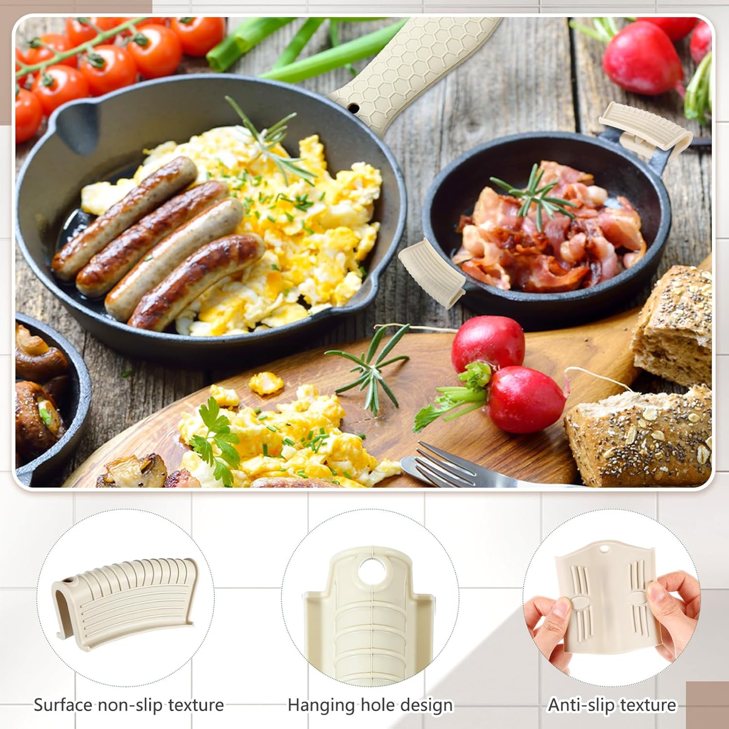 8 Pcs Silicone Pot Holders Set Cast Iron Handle Cover Heat Resistant Pot Handle Covers Potholder Non Slip Reusable Pan Sleeve for Frying Pan Kitchen Supplies Khaki