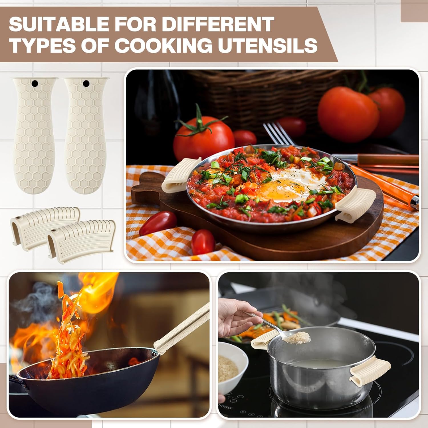 8 Pcs Silicone Pot Holders Set Cast Iron Handle Cover Heat Resistant Pot Handle Covers Potholder Non Slip Reusable Pan Sleeve for Frying Pan Kitchen Supplies Khaki