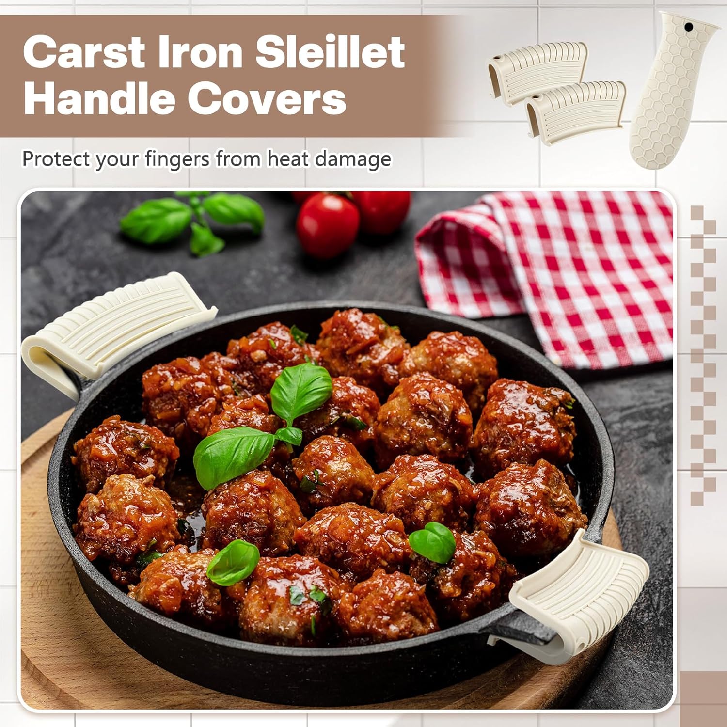 8 Pcs Silicone Pot Holders Set Cast Iron Handle Cover Heat Resistant Pot Handle Covers Potholder Non Slip Reusable Pan Sleeve for Frying Pan Kitchen Supplies Khaki