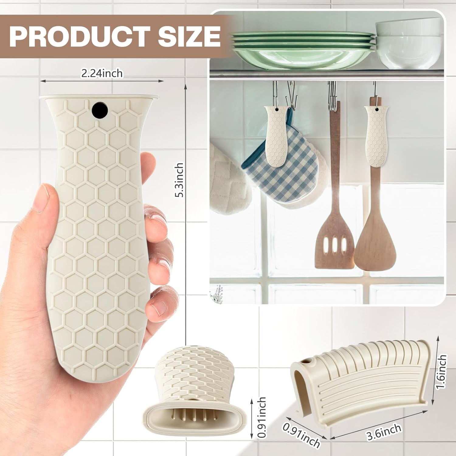 8 Pcs Silicone Pot Holders Set Cast Iron Handle Cover Heat Resistant Pot Handle Covers Potholder Non Slip Reusable Pan Sleeve for Frying Pan Kitchen Supplies Khaki