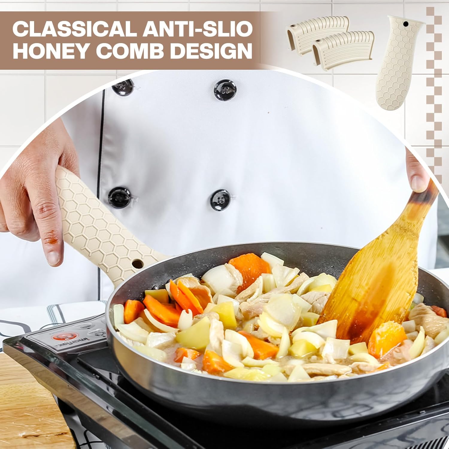 8 Pcs Silicone Pot Holders Set Cast Iron Handle Cover Heat Resistant Pot Handle Covers Potholder Non Slip Reusable Pan Sleeve for Frying Pan Kitchen Supplies Khaki