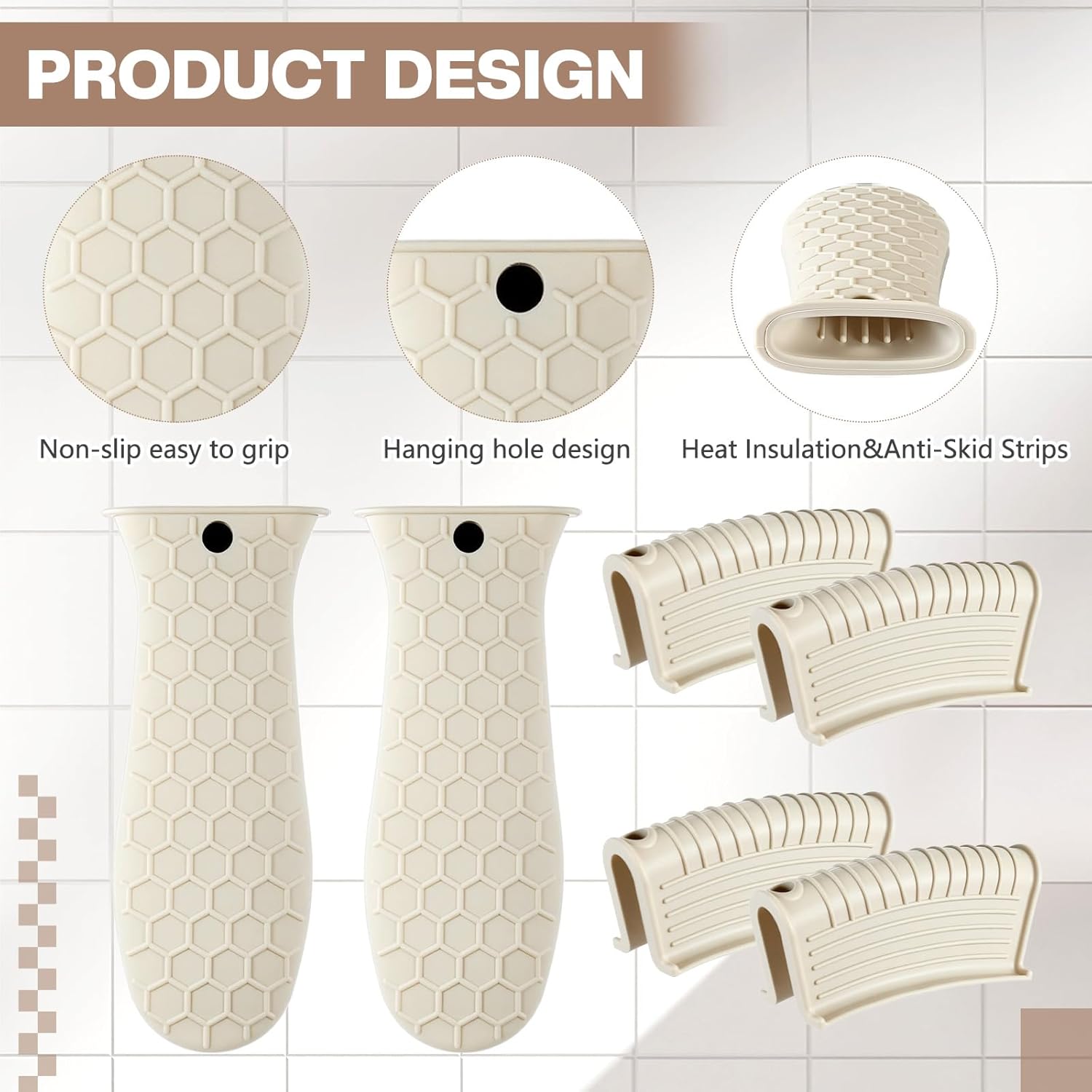 8 Pcs Silicone Pot Holders Set Cast Iron Handle Cover Heat Resistant Pot Handle Covers Potholder Non Slip Reusable Pan Sleeve for Frying Pan Kitchen Supplies Khaki