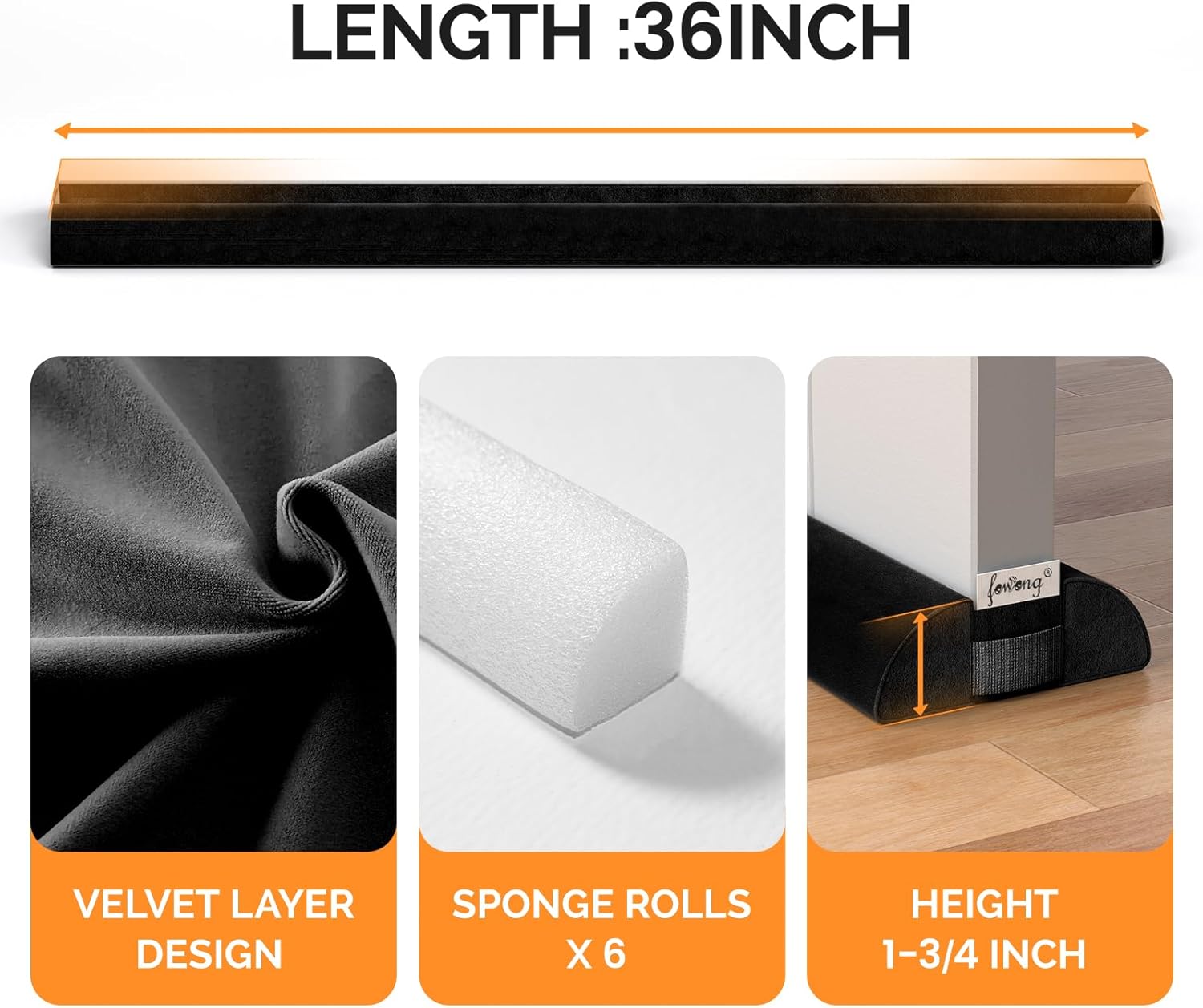Under Door Draft Stopper 30" to 36" Adjustable Draft Stopper for Bottom of Door, Soundproofing Noise Blocker Seal Gap up to 1.7", Easy to Install, Black
