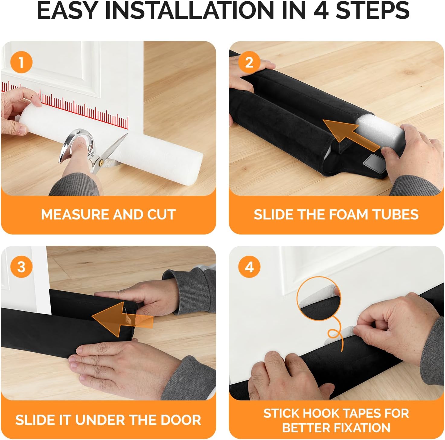 Under Door Draft Stopper 30" to 36" Adjustable Draft Stopper for Bottom of Door, Soundproofing Noise Blocker Seal Gap up to 1.7", Easy to Install, Black